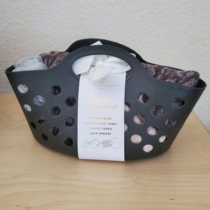 Adrienne Vittadini  4 Piece Spa Set Shower Wrap Hair Towel Pouf Plastic Caddie